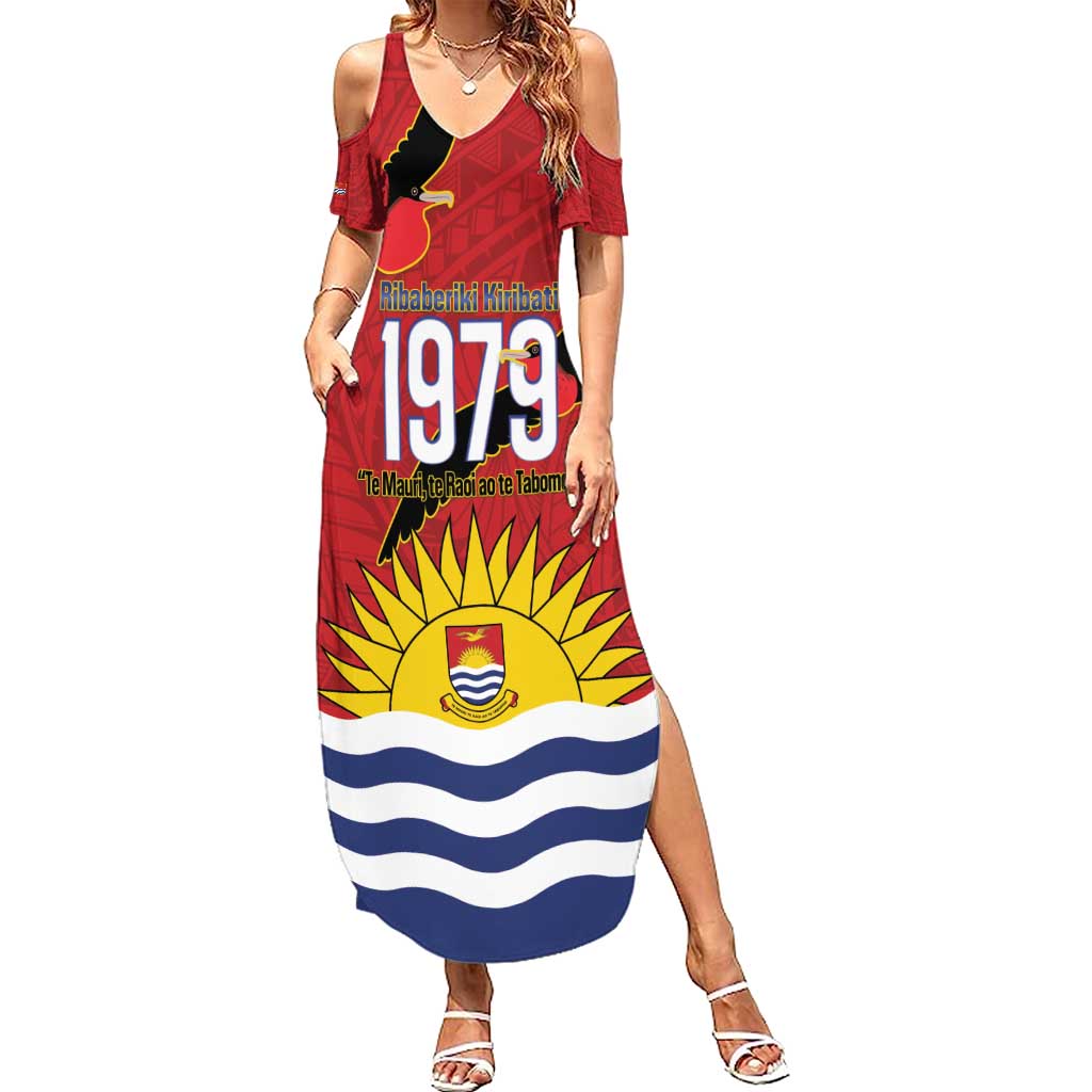 Mauri Kiribati Independence Day Family Matching Summer Maxi Dress and Hawaiian Shirt 1979 Proud National Frigatebird LT14 Mom's Dress Red - Polynesian Pride