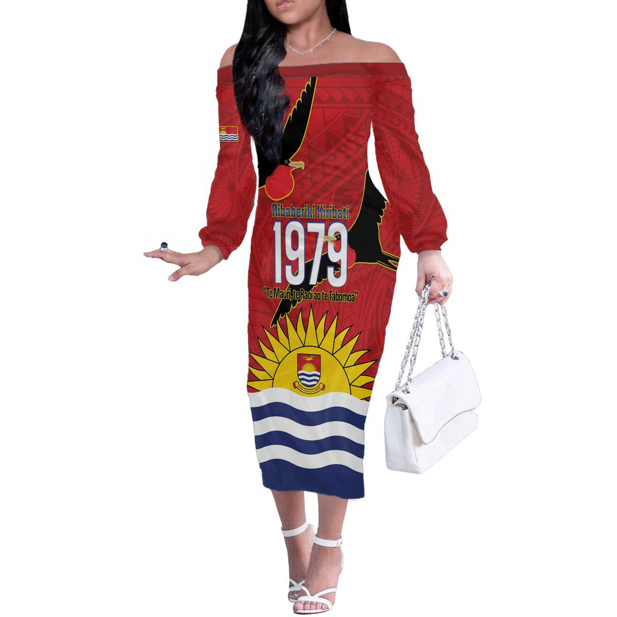 Mauri Kiribati Independence Day Off The Shoulder Long Sleeve Dress 1979 Proud National Frigatebird LT14 Women Red - Polynesian Pride