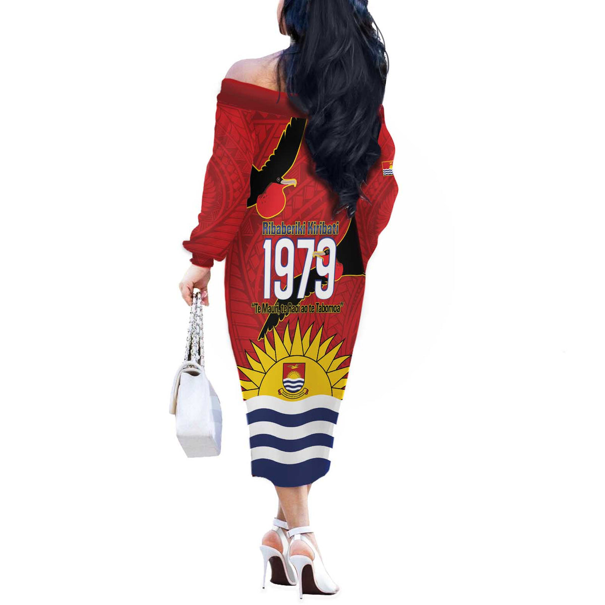 Mauri Kiribati Independence Day Off The Shoulder Long Sleeve Dress 1979 Proud National Frigatebird LT14 - Polynesian Pride