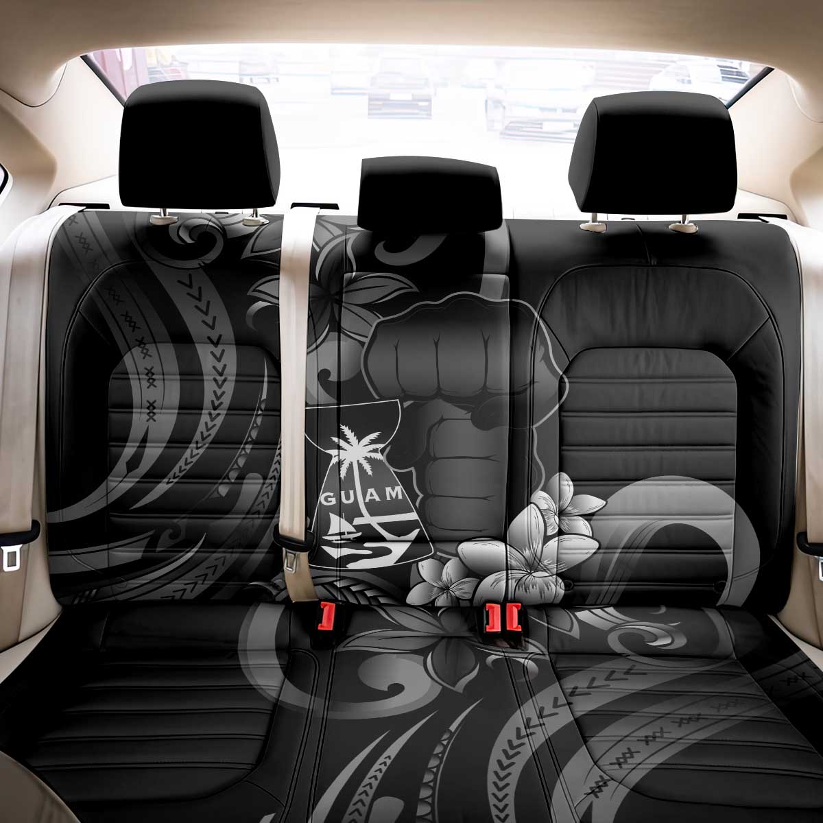 Black Hafa Adai Guam Back Car Seat Cover Chamorro Latte Stone Hand With Plumeria