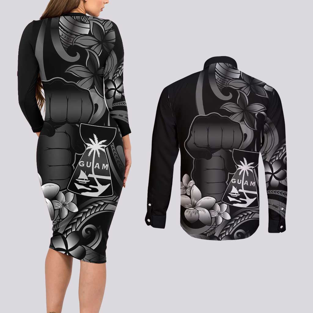 Black Hafa Adai Guam Couples Matching Long Sleeve Bodycon Dress and Long Sleeve Button Shirt Chamorro Latte Stone Hand With Plumeria