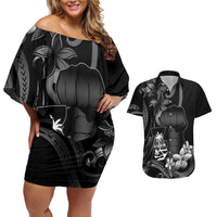 Black Hafa Adai Guam Couples Matching Off Shoulder Short Dress and Hawaiian Shirt Chamorro Latte Stone Hand With Plumeria