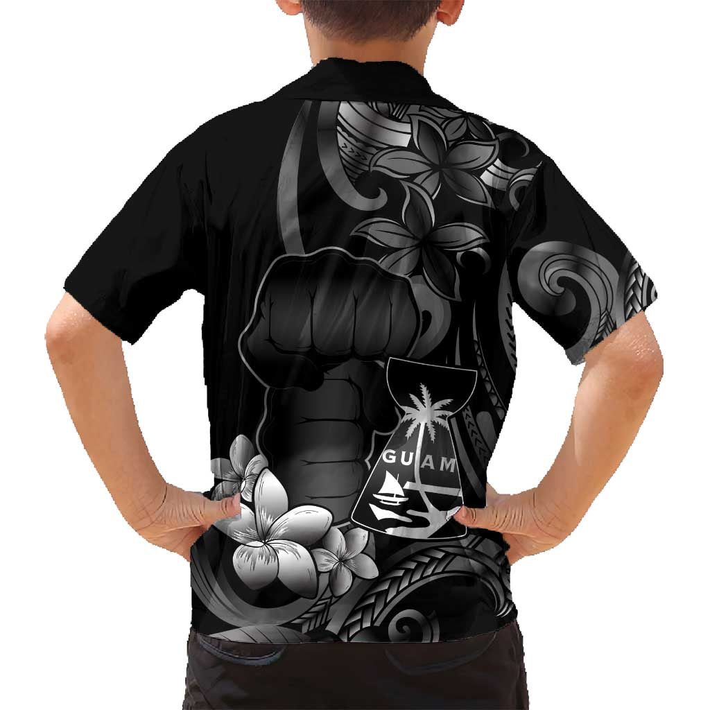 Black Hafa Adai Guam Family Matching Long Sleeve Bodycon Dress and Hawaiian Shirt Chamorro Latte Stone Hand With Plumeria