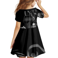 Black Hafa Adai Guam Family Matching Off The Shoulder Long Sleeve Dress and Hawaiian Shirt Chamorro Latte Stone Hand With Plumeria