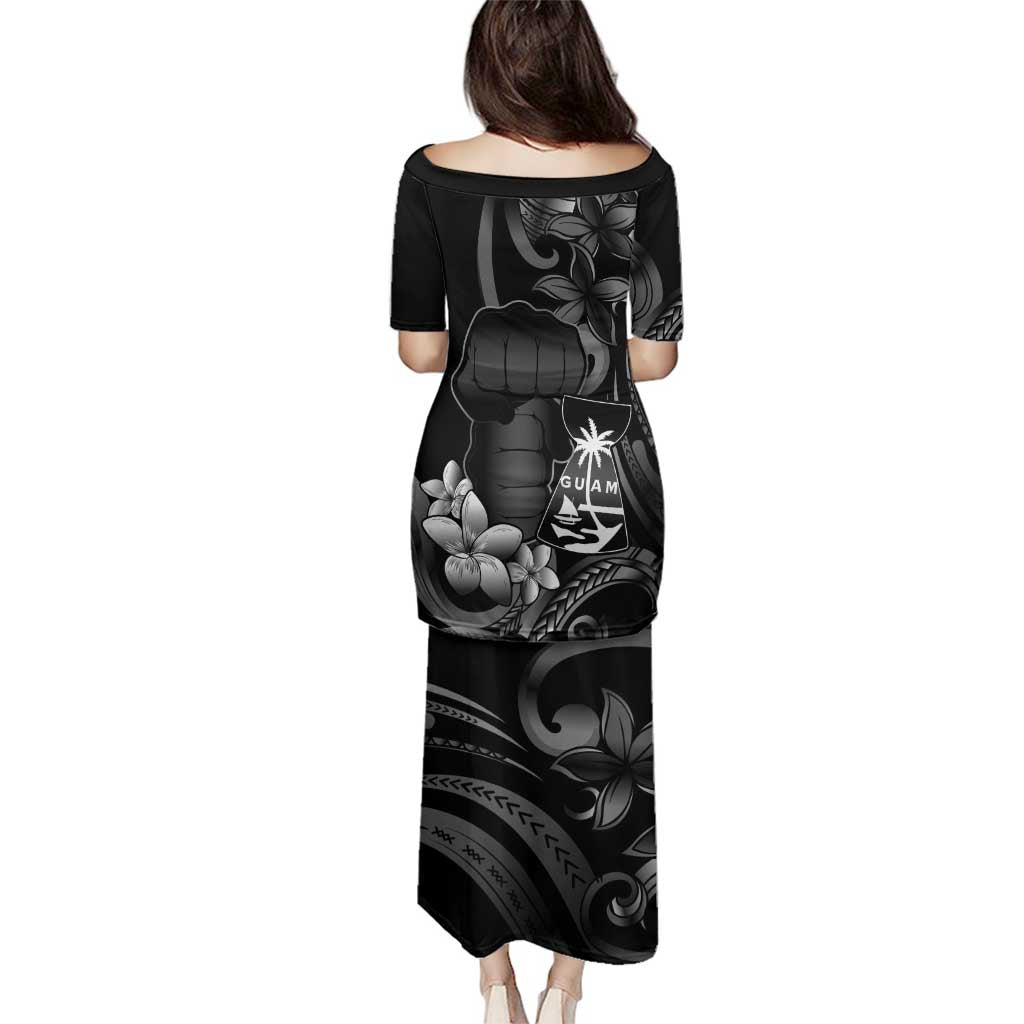 Black Hafa Adai Guam Family Matching Puletasi and Hawaiian Shirt Chamorro Latte Stone Hand With Plumeria