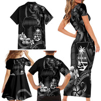Black Hafa Adai Guam Family Matching Short Sleeve Bodycon Dress and Hawaiian Shirt Chamorro Latte Stone Hand With Plumeria
