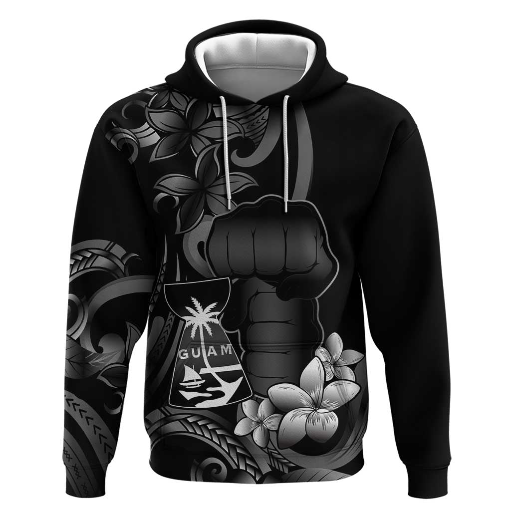 Black Hafa Adai Guam Hoodie Chamorro Latte Stone Hand With Plumeria