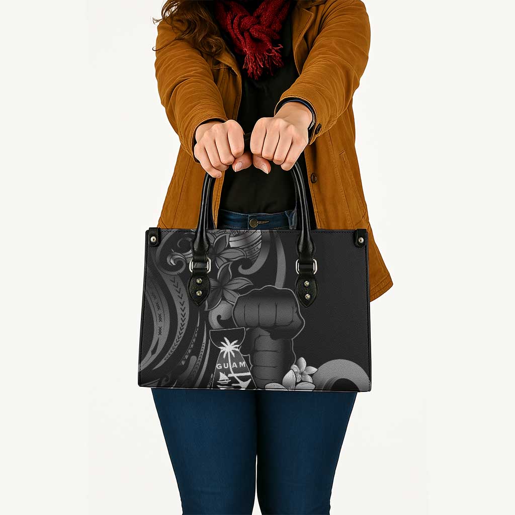 Black Hafa Adai Guam Leather Bag Chamorro Latte Stone Hand With Plumeria - Polynesian Pride