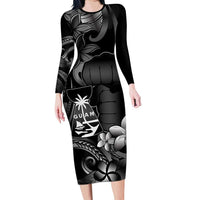 Black Hafa Adai Guam Long Sleeve Bodycon Dress Chamorro Latte Stone Hand With Plumeria