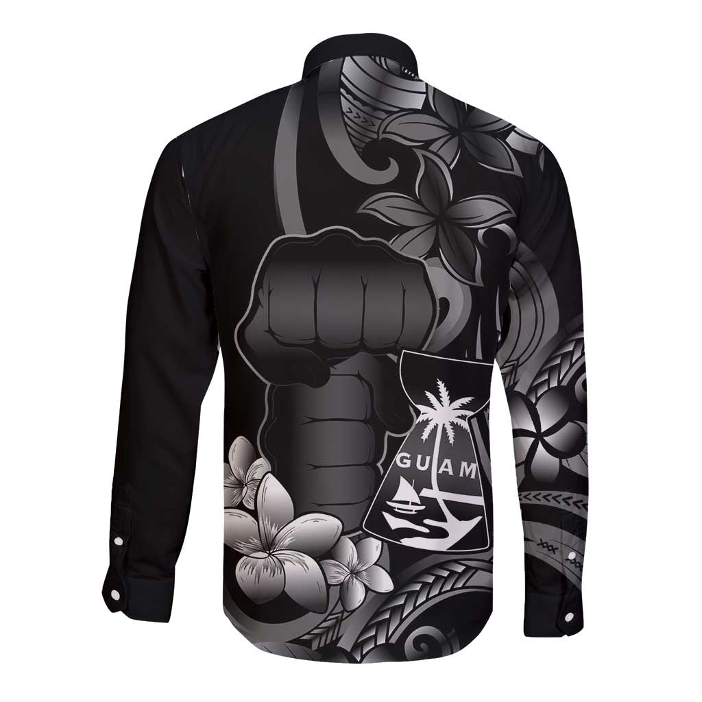 Black Hafa Adai Guam Long Sleeve Button Shirt Chamorro Latte Stone Hand With Plumeria