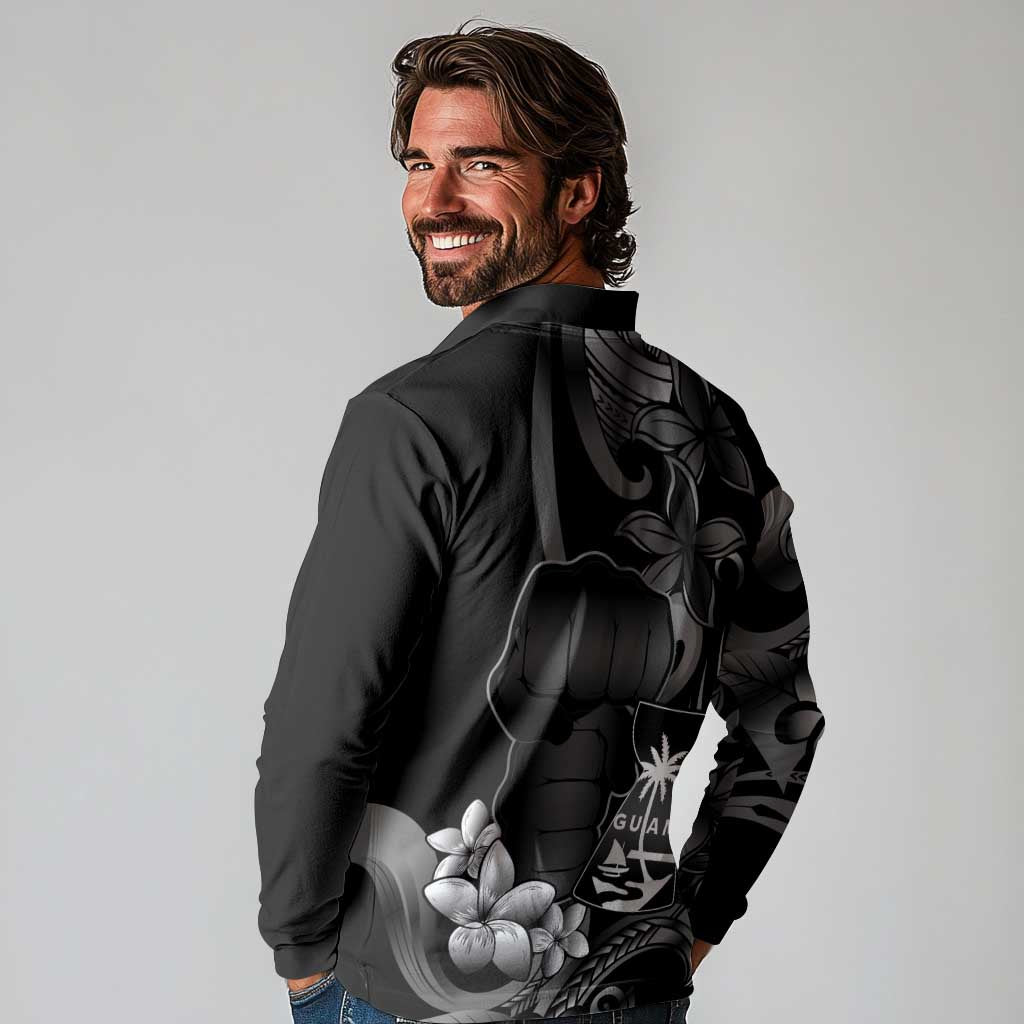 Black Hafa Adai Guam Long Sleeve Polo Shirt Chamorro Latte Stone Hand With Plumeria