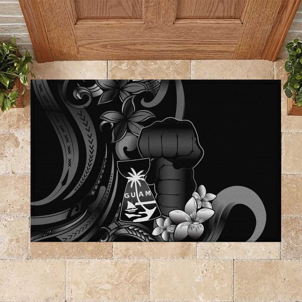 Black Hafa Adai Guam Rubber Doormat Chamorro Latte Stone Hand With Plumeria