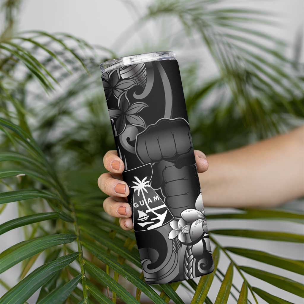 Black Hafa Adai Guam Skinny Tumbler Chamorro Latte Stone Hand With Plumeria