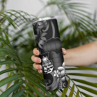 Black Hafa Adai Guam Skinny Tumbler Chamorro Latte Stone Hand With Plumeria