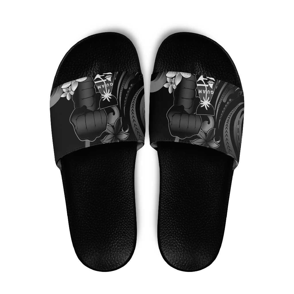 Black Hafa Adai Guam Slide Sandals Chamorro Latte Stone Hand With Plumeria LT14 Black - Polynesian Pride