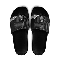 Black Hafa Adai Guam Slide Sandals Chamorro Latte Stone Hand With Plumeria LT14 Black - Polynesian Pride