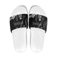 Black Hafa Adai Guam Slide Sandals Chamorro Latte Stone Hand With Plumeria LT14 Black - Polynesian Pride