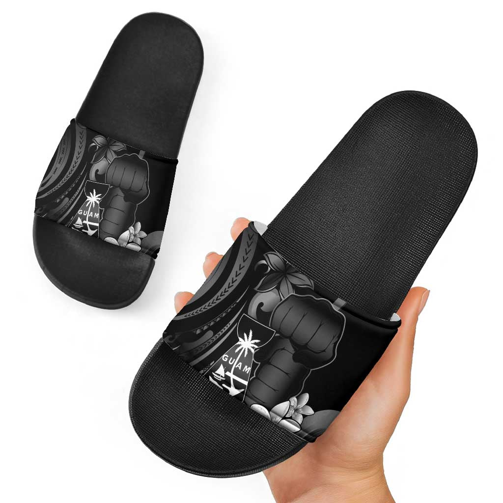 Black Hafa Adai Guam Slide Sandals Chamorro Latte Stone Hand With Plumeria LT14 - Polynesian Pride