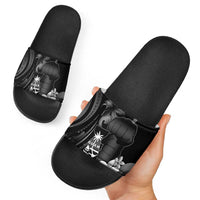 Black Hafa Adai Guam Slide Sandals Chamorro Latte Stone Hand With Plumeria LT14 - Polynesian Pride