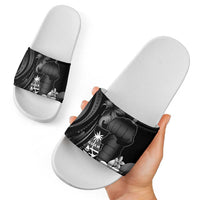 Black Hafa Adai Guam Slide Sandals Chamorro Latte Stone Hand With Plumeria LT14 - Polynesian Pride