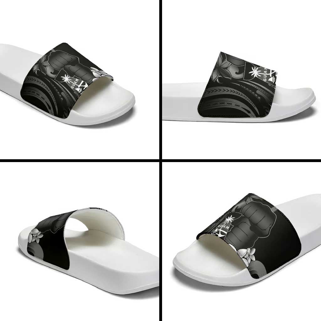 Black Hafa Adai Guam Slide Sandals Chamorro Latte Stone Hand With Plumeria LT14 - Polynesian Pride