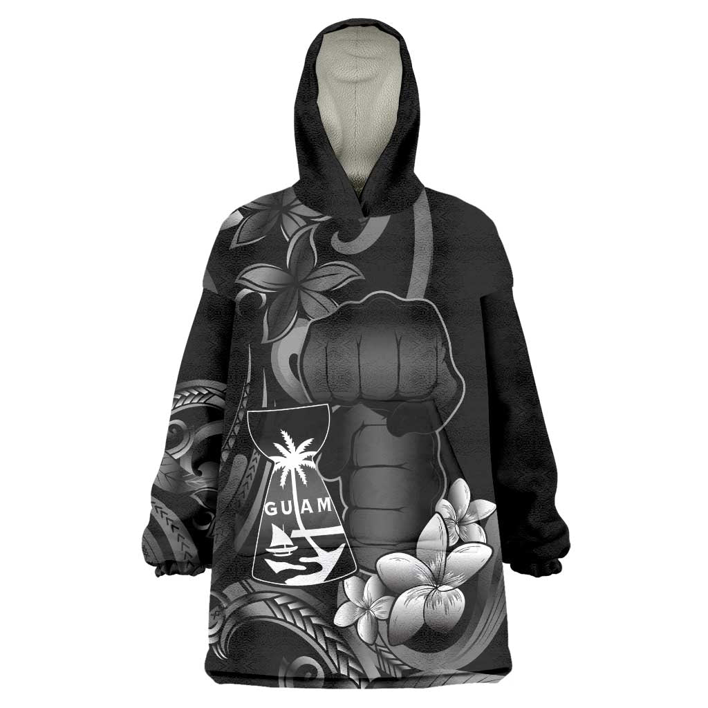 Black Hafa Adai Guam Wearable Blanket Hoodie Chamorro Latte Stone Hand With Plumeria