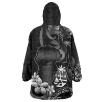 Black Hafa Adai Guam Wearable Blanket Hoodie Chamorro Latte Stone Hand With Plumeria