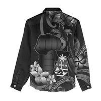 Black Hafa Adai Guam Women Casual Shirt Chamorro Latte Stone Hand With Plumeria