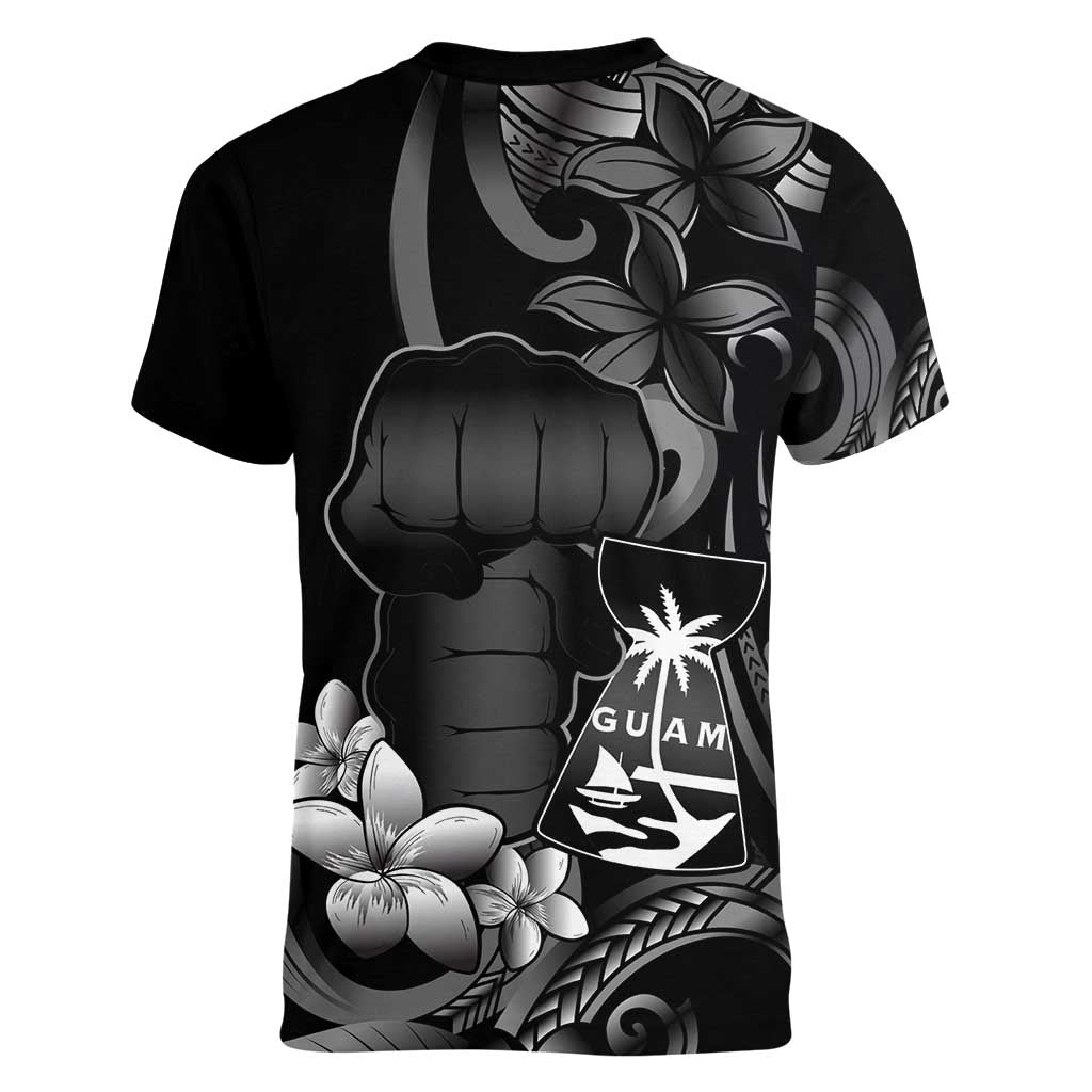 Black Hafa Adai Guam Women V-Neck T-Shirt Chamorro Latte Stone Hand With Plumeria