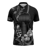 Black Hafa Adai Guam Zipper Polo Shirt Chamorro Latte Stone Hand With Plumeria - Polynesian Pride