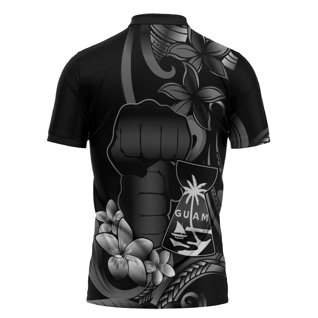 Black Hafa Adai Guam Zipper Polo Shirt Chamorro Latte Stone Hand With Plumeria - Polynesian Pride