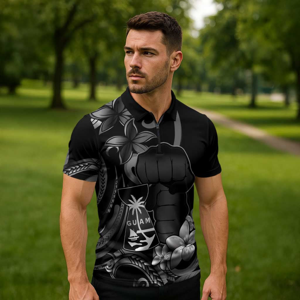 Black Hafa Adai Guam Zipper Polo Shirt Chamorro Latte Stone Hand With Plumeria - Polynesian Pride