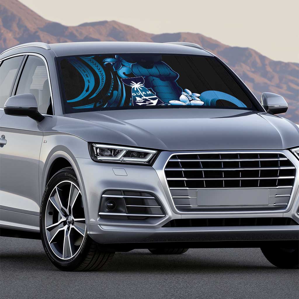 Blue Hafa Adai Guam Auto Sun Shade Chamorro Latte Stone Hand With Plumeria - Polynesian Pride