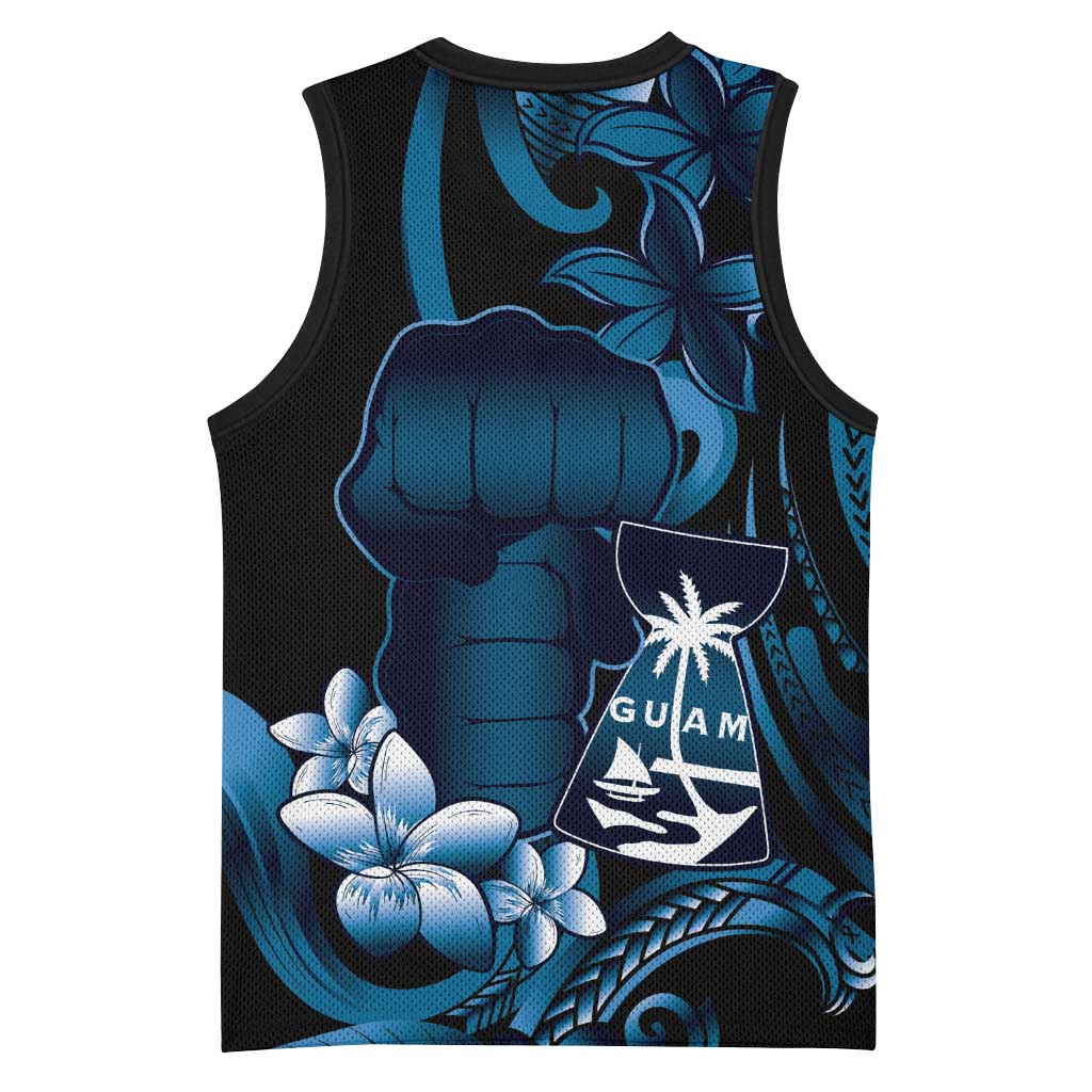 Blue Hafa Adai Guam Basketball Jersey Chamorro Latte Stone Hand With Plumeria - Polynesian Pride