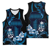 Blue Hafa Adai Guam Basketball Jersey Chamorro Latte Stone Hand With Plumeria - Polynesian Pride