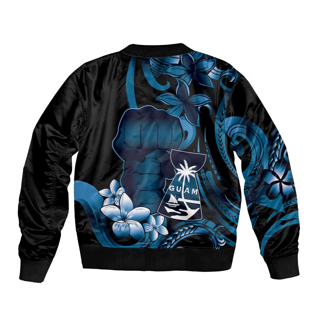 Blue Hafa Adai Guam Bomber Jacket Chamorro Latte Stone Hand With Plumeria