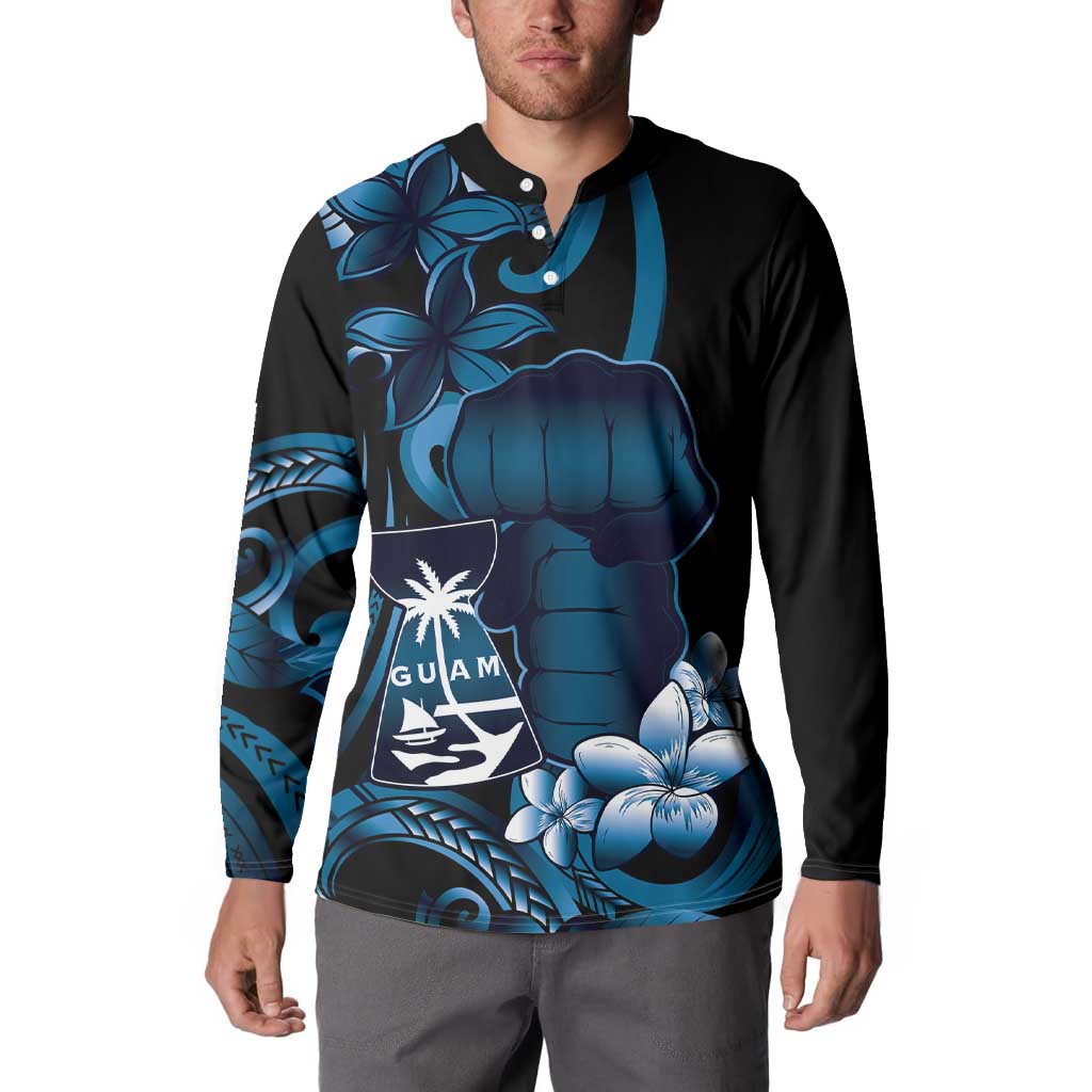 Blue Hafa Adai Guam Button Sweatshirt Chamorro Latte Stone Hand With Plumeria