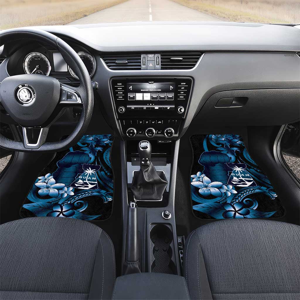 Blue Hafa Adai Guam Car Mats Chamorro Latte Stone Hand With Plumeria LT14 Set 2pcs - Front Blue - Polynesian Pride