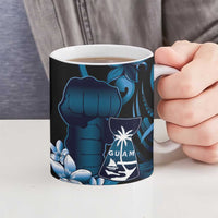 Blue Hafa Adai Guam Ceramic Mug Chamorro Latte Stone Hand With Plumeria - Polynesian Pride