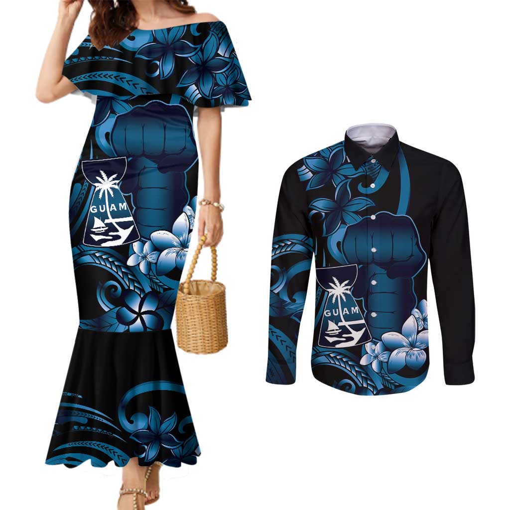 Blue Hafa Adai Guam Couples Matching Mermaid Dress and Long Sleeve Button Shirt Chamorro Latte Stone Hand With Plumeria