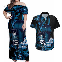 Blue Hafa Adai Guam Couples Matching Off Shoulder Maxi Dress and Hawaiian Shirt Chamorro Latte Stone Hand With Plumeria