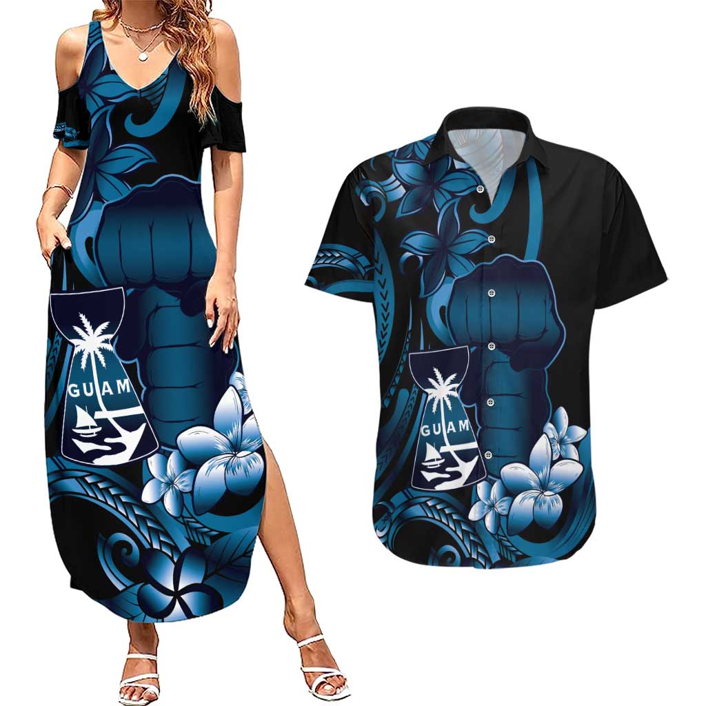 Blue Hafa Adai Guam Couples Matching Summer Maxi Dress and Hawaiian Shirt Chamorro Latte Stone Hand With Plumeria