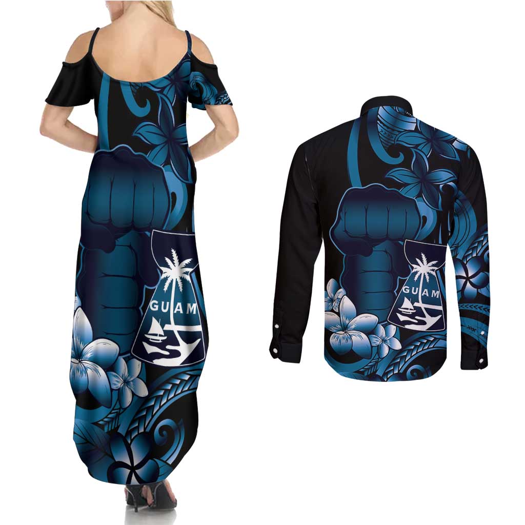 Blue Hafa Adai Guam Couples Matching Summer Maxi Dress and Long Sleeve Button Shirt Chamorro Latte Stone Hand With Plumeria