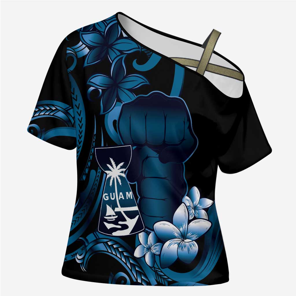 Blue Hafa Adai Guam Cross Shoulder Shirt Chamorro Latte Stone Hand With Plumeria - Polynesian Pride