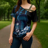 Blue Hafa Adai Guam Cross Shoulder Shirt Chamorro Latte Stone Hand With Plumeria - Polynesian Pride