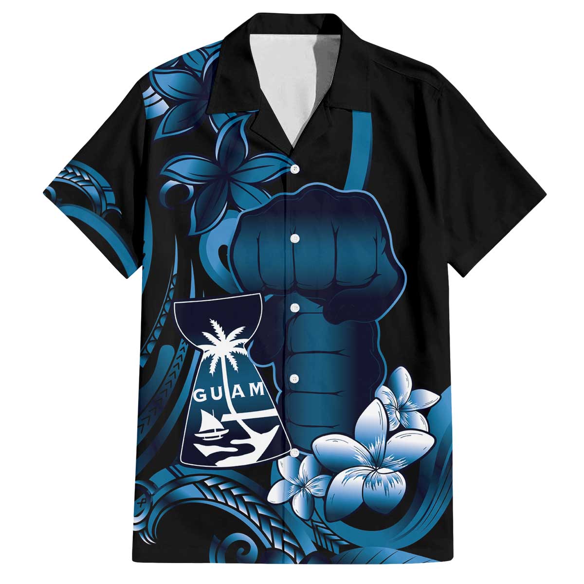 Blue Hafa Adai Guam Family Matching Off The Shoulder Long Sleeve Dress and Hawaiian Shirt Chamorro Latte Stone Hand With Plumeria
