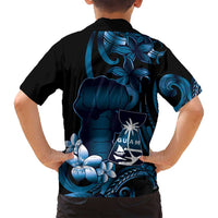 Blue Hafa Adai Guam Family Matching Off Shoulder Maxi Dress and Hawaiian Shirt Chamorro Latte Stone Hand With Plumeria