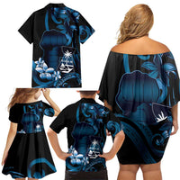 Blue Hafa Adai Guam Family Matching Off Shoulder Short Dress and Hawaiian Shirt Chamorro Latte Stone Hand With Plumeria