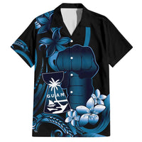 Blue Hafa Adai Guam Family Matching Off Shoulder Short Dress and Hawaiian Shirt Chamorro Latte Stone Hand With Plumeria