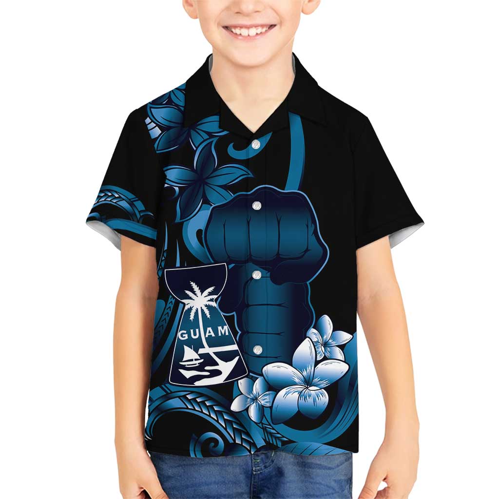 Blue Hafa Adai Guam Family Matching Tank Maxi Dress and Hawaiian Shirt Chamorro Latte Stone Hand With Plumeria